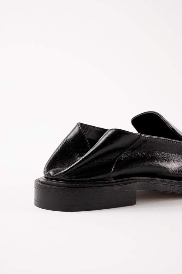 Black Polished Leather Flat Mules