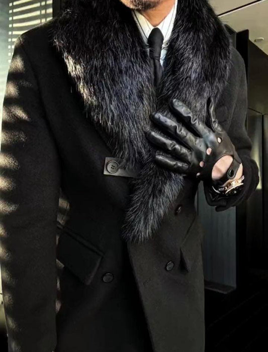 Men's Long Fur Collar Button Coat