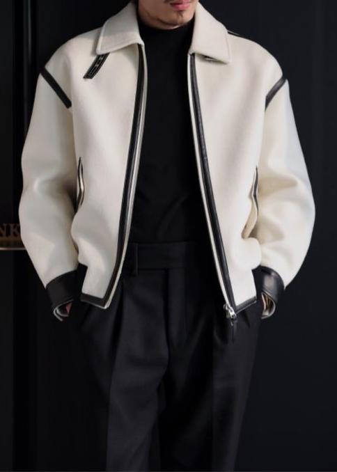 Leather-Trimmed Lapel Cashmere-Blend Jacket