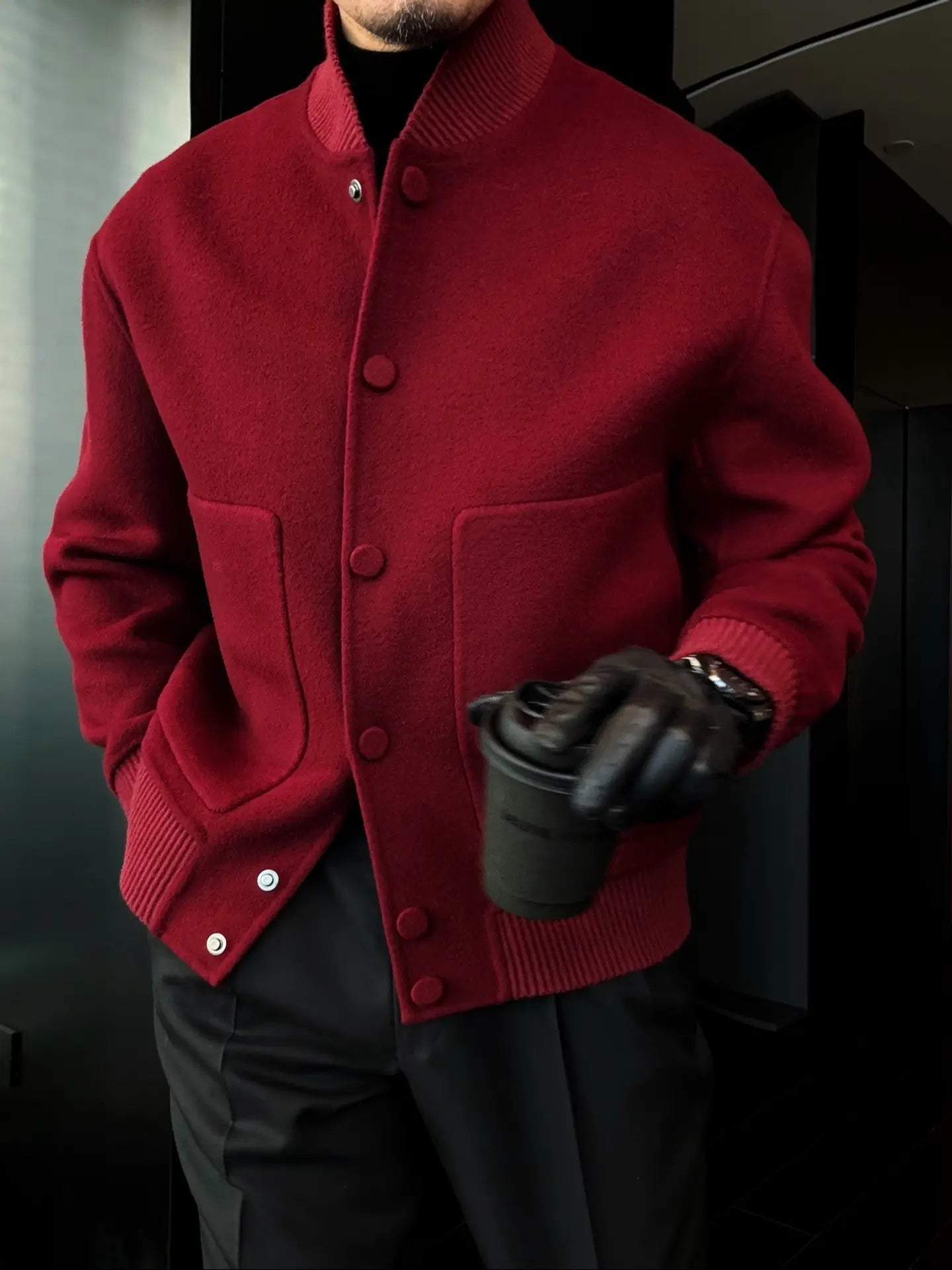 Men's Autumn & Winter Stand-Up Baseball Collar Solid Color Warm Jacket