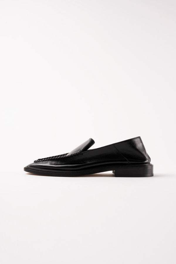 Black Polished Leather Flat Mules