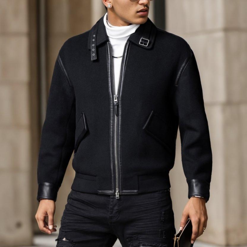 Leather-Trimmed Lapel Cashmere-Blend Jacket