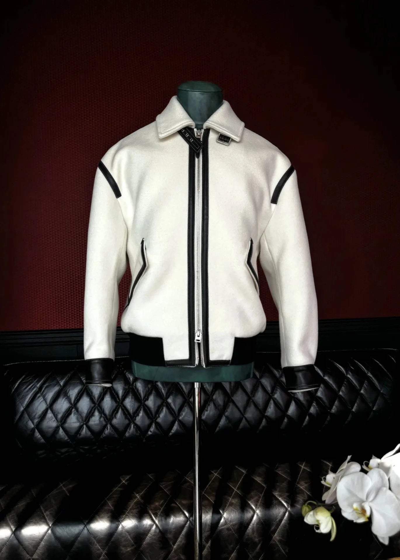 Leather-Trimmed Lapel Cashmere-Blend Jacket