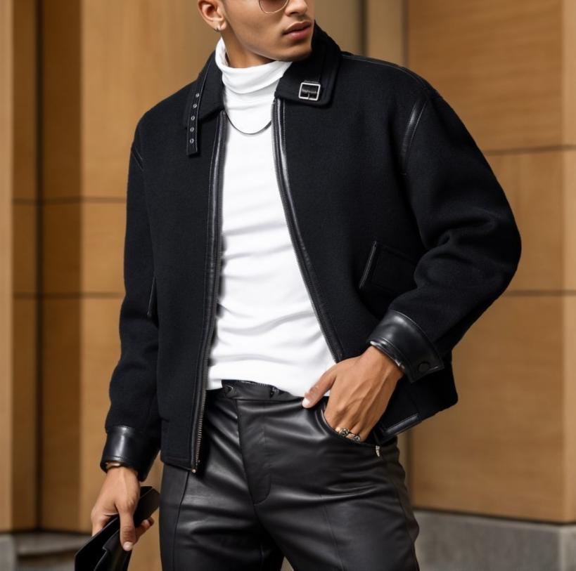 Leather-Trimmed Lapel Cashmere-Blend Jacket