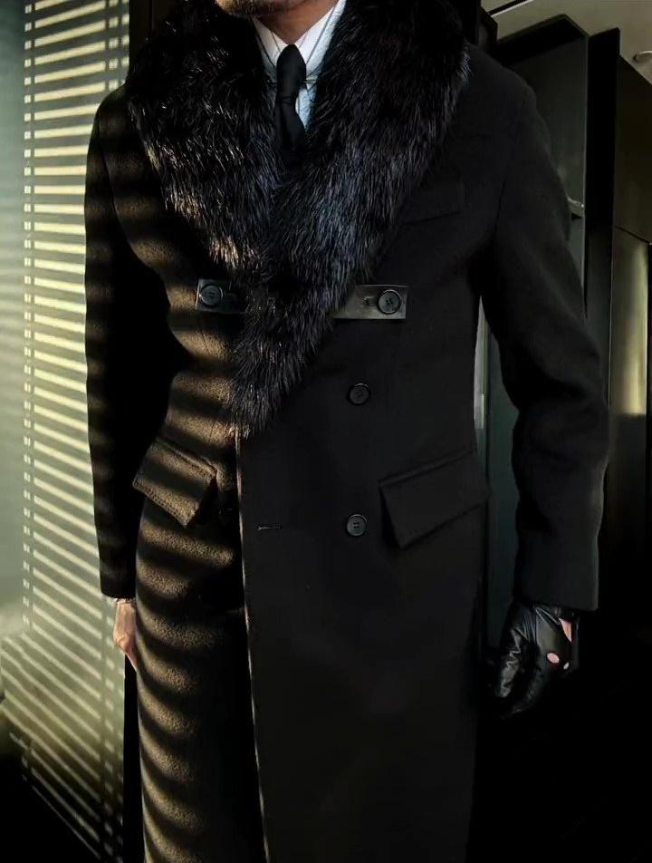 Men's Long Fur Collar Button Coat