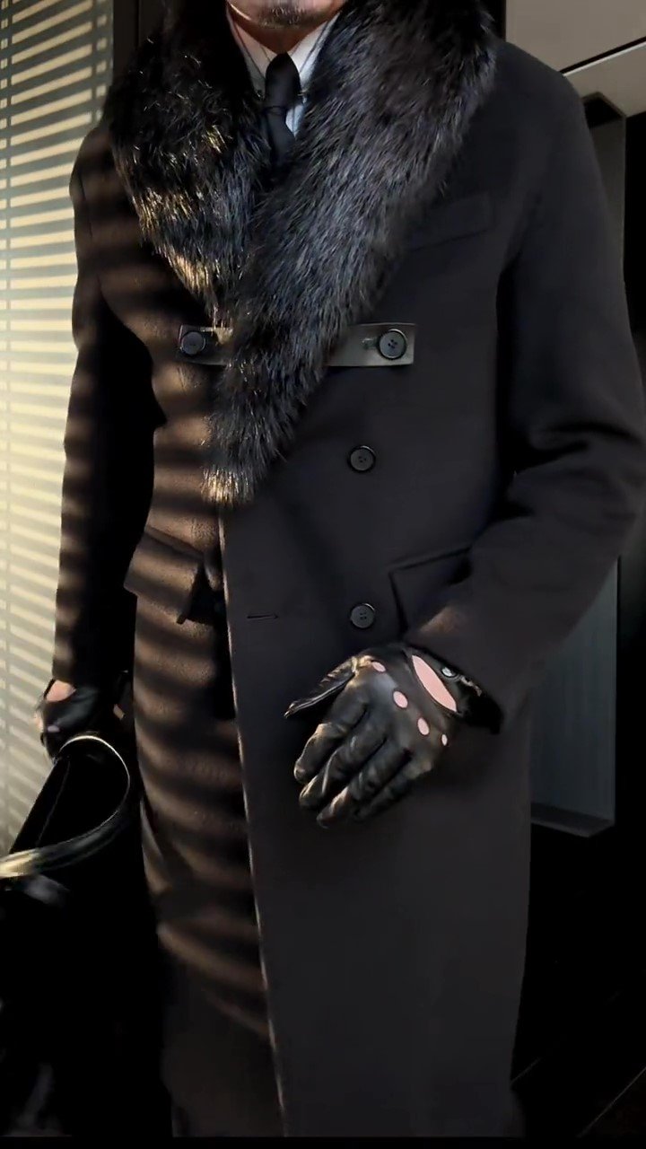 Men's Long Fur Collar Button Coat