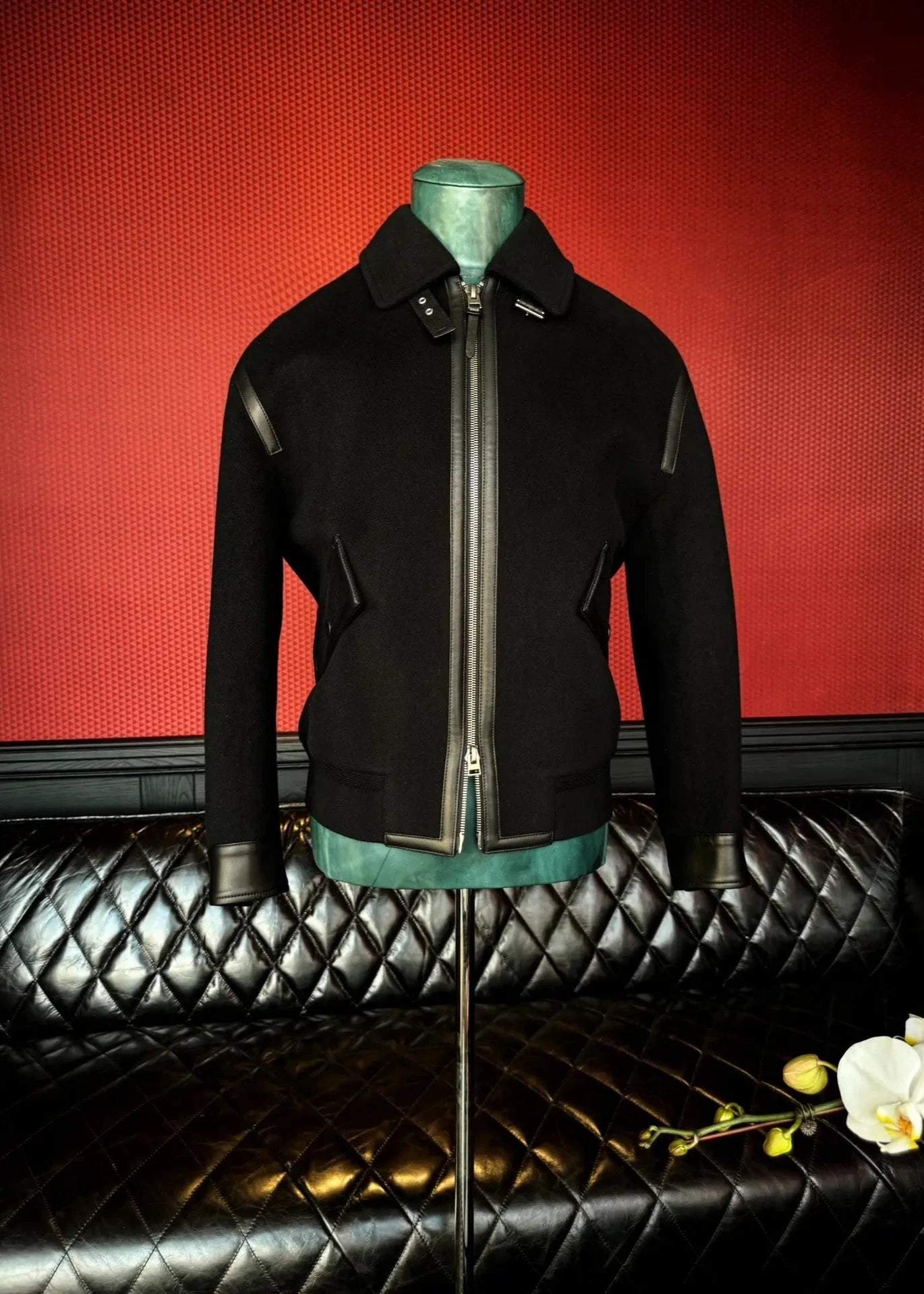 Leather-Trimmed Lapel Cashmere-Blend Jacket