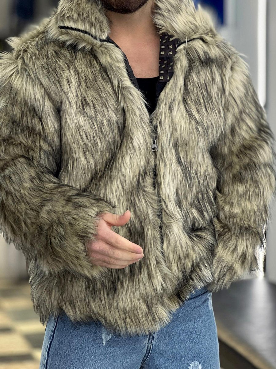 Men's Stand Collar Zip Up Faux Fur Jacket